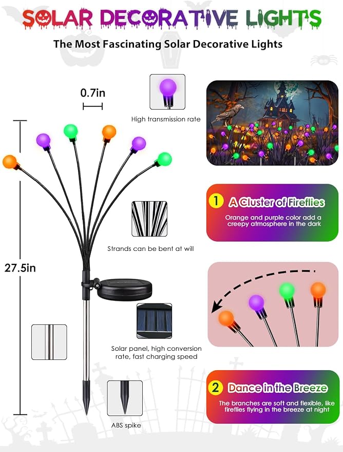 Halloween Decor Outdoor Solar Firefly Lights 6PK 48 LED Orange Purple Green | 2 Lighting Modes, Memory Function and Auto On/Off, Sway with Wind, Waterproof Halloween Decor for Outside Horror Party Garden