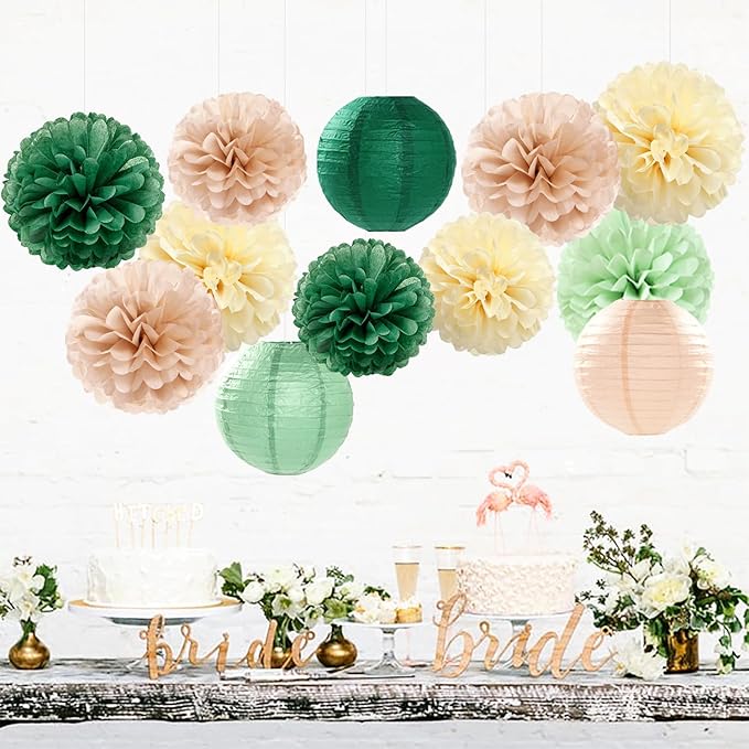 Sage-Olive Green Party-Decorations Paper-Flowers Lanterns - 15PCS Safari Boho Birthday Rustic Tissue Pom Poms Streamers, Baby Shower Neutral Garden Wedding Graduation Hanging Supplies Decor Hugfond