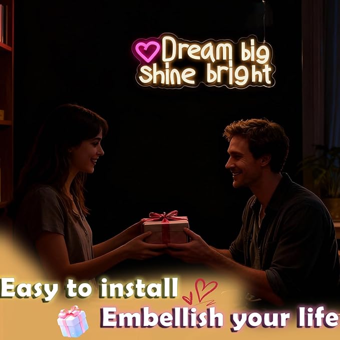 Dream big Shine bright neon sign, suitable for classroom wall decoration, back-to-school season, graduation season, student gifts. Dimmable, USB powered, pink heart-shaped inspirational neon light.