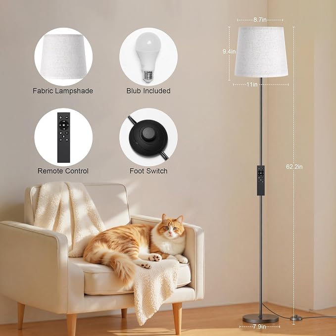 Dimmable Floor Lamp with Linen Shade for Living Room | Dimmable LED Standing Lamp with Remote & Foot Switch, Modern Floor Reading Light for Bedroom Office Corner