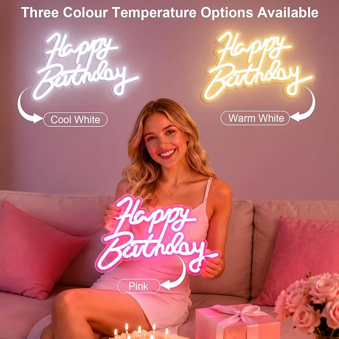 Happy Birthday Neon Sign for Wall Party Decor, LED Happy Birthday Light up Sign for Backdrop, 16"x 11" USB Powered 10 Brightness Settings Light up Signs Party Decorations Backdrop, Pink