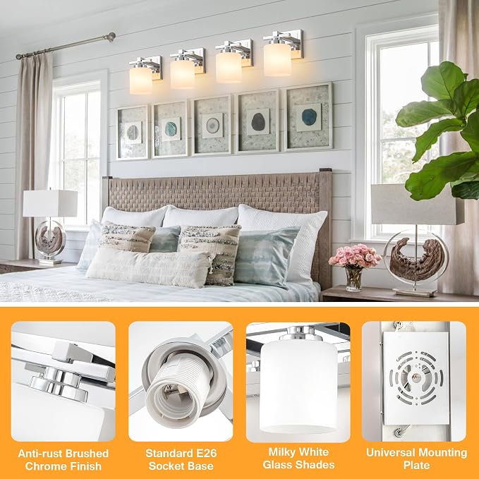 Modern Bathroom Light Fixtures Over Mirror, Vanity Lights for Bathroom Wall Sconces with Milky White Glass Shades, E26 Socket (Bulbs Not Included), 1 Light, Chrome