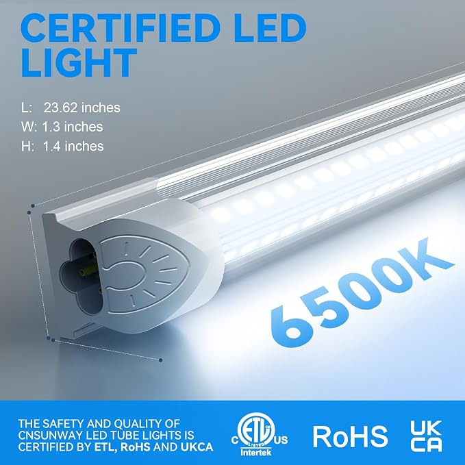 CNSUNWAY LED Shop Light 2FT, 22W 3300LM 6500K, V-Shape T8 LED Tube Lights | Ceiling and Utility Shop Lights, Linkable Light Fixture for Workshop, Garage, Workbench, Warehouse, ETL Listed (2 Pack)