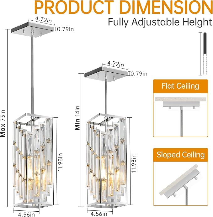 Chrome Pendant Lights Kitchen Island 3 Pack, Mini Crystal Chandeliers, Modern Pendant Lights Ceiling Lighting Fixtures for Kitchen Island, Dinning Room, Bedroom