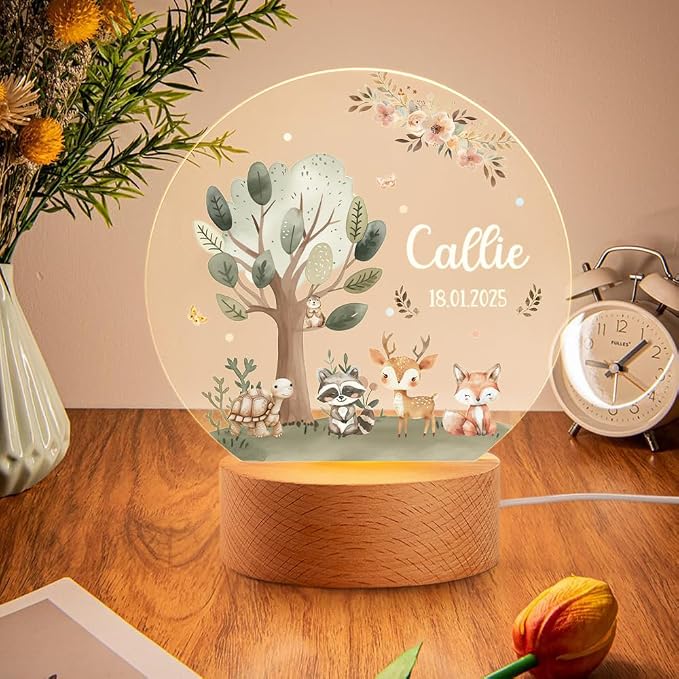 Personalized Forest Animal Night Light for Kids, Custom Name and Text Led Nightlight Nursery Decor Gift for Kids