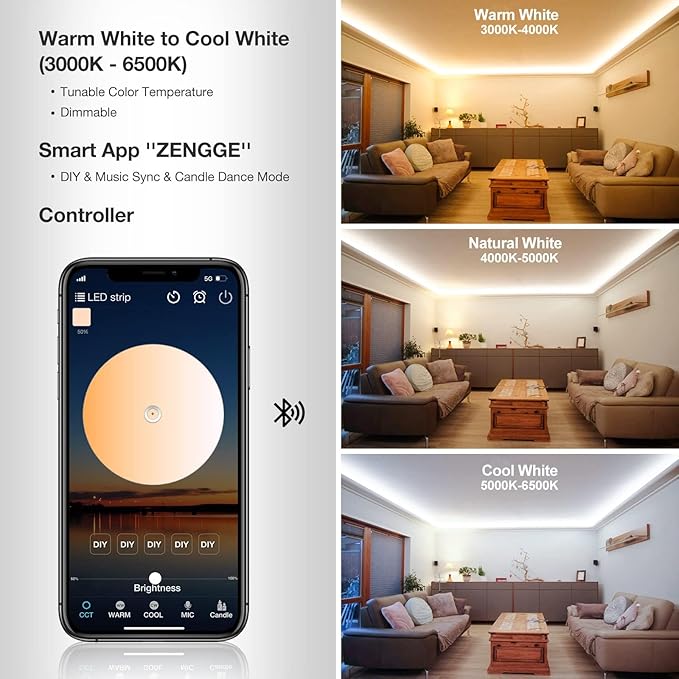 CT CAPETRONIX Tunable White LED Strip Light, 3000K-6500K LED Strip Light, High Brightness LED Tape Light with Adapter Strong Adhesive for Bedroom,Living Room,Closet (32.8Feet Dimmable)