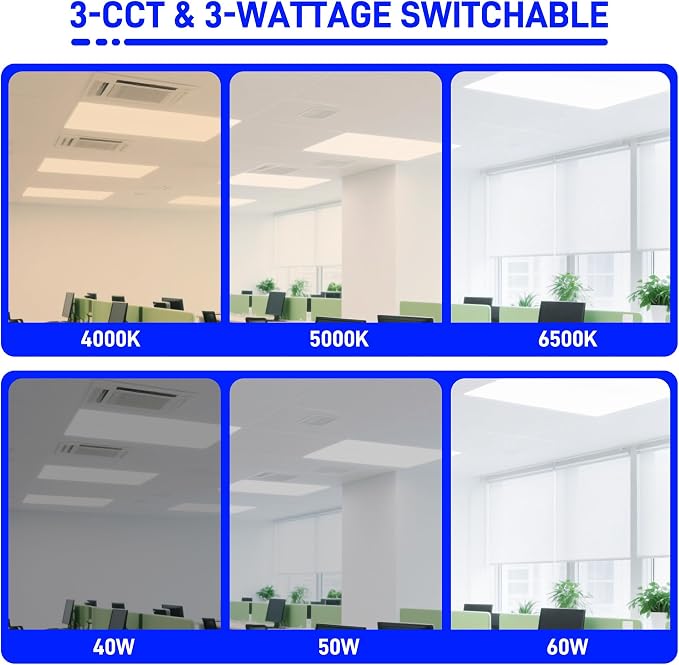 hykolity 2x4 LED Flat Panel Light,Selectable,Dimmable,Drop Ceiling,6 Pack | 40W/50W/60W Selectable 3CCT 4000K/5000K/6500K 0-10V Dimmable Ultra Slim Recessed Lights for Office Classroom Hospital Garage