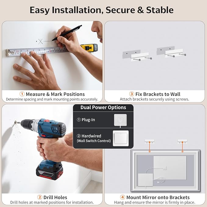 30"x50" LED Bathroom Mirror with Lights, Front & Backlit, Anti-Fog | Lighted Mirror with Dimmable, Aluminum Frame, 3 Color Temperature, CRI 90+, Touch Control with Memory, HD Tempered Glass