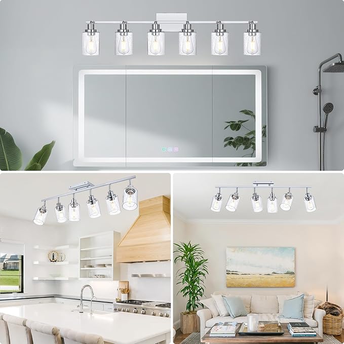 6-Light Track Lighting Kit Chrome Tracking Lights Fixture Ceiling Vanity Light with Seeded Glass Track Lighting Heads, Multi-Directional Rotating Spotlight Fixtures for Kitchen Accent Shop