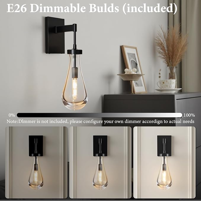 Raindrop Brass Crystal Wall Sconce: Set of 2 Modern Black Bathroom Lights | Clear Solid Sconces with Bulb, Dimmable Matte Vanity Lamp, Luxury Teardrop Lighting Fixture for Living Room Hallway Bedside