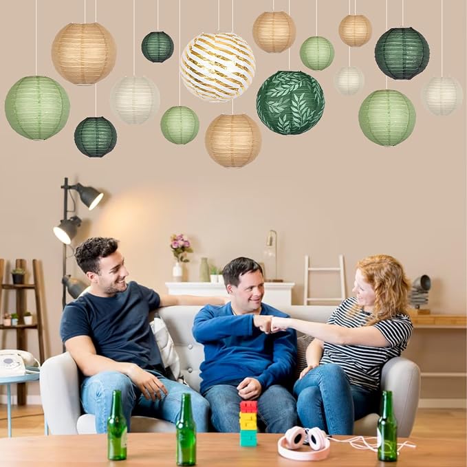16-Pack Chinese Paper Lanterns, Sage Green Brown Party Decorations | 4/6/8/10/12-Inch Hanging Lanterns with Olive Leaf and Foil Stripes for Jungle Themes, Birthdays, Weddings and Baby Showers