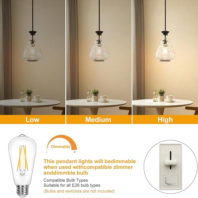Modern Pendant Lights Kitchen Island, 1 Pack Matte Black Pendant Light Fixtures with 8.5" Clear Hammered Glass Shade, Industrial Hanging Pendant Lights Fixture for Kitchen Island Dining Room Entryway