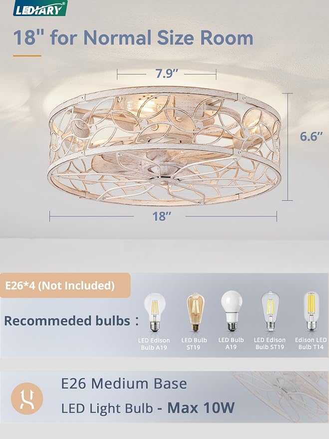LEDIARY Caged Ceiling Fan with Light, Flush Mount Fandalier with Remote | Low Profile, Farmhouse Small, Bladeless Industrial, Quiet DC Motor, App Control for Bedroom, Kitchen, Dining Room, White Gold