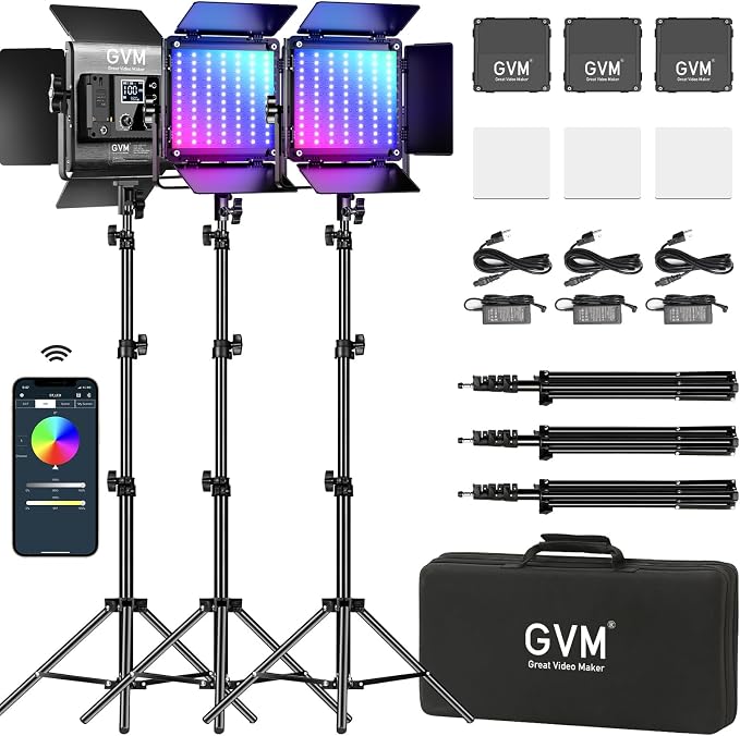 GVM RGB LED Video Lighting Kit, 800D Studio Video Lights with Panel, APP Control for YouTube Photography Lighting, , 3200K-5600K, 8 Kinds of The Scene Lights, 3 Packs