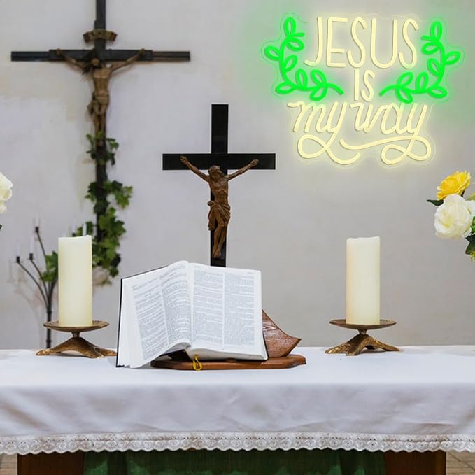 Jesus Is My Way Neon Sign Dimmable Led Jesus Quote Sign Christian Letter Light Sign for Bedroom Christ Church Easter Wedding Decor