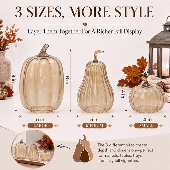 Yungyan Set of 3 Glass Pumpkin Lamp Shades Fall Decor,Light Brown | Pumpkin Candle Holder Rustic Thanksgiving Halloween Autumn Mantel Table Centerpiece Home Decoration, Lights Not Included