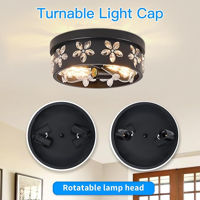 Glintwan 10.6 inch Black Flush Mount Ceiling Light Fixture, 2 Pack | 2-Light, Industrial, Farmhouse, Bedroom, Living Room, Kitchen, Hallway, Foyer