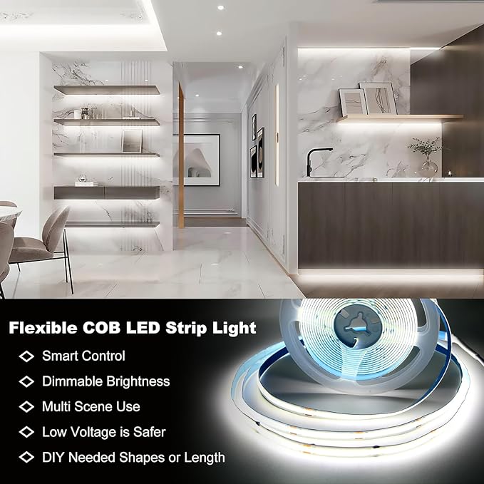 DAYBETTER COB LED Strip Lights, 16.4 ft/5m 1600LEDs Bright Daylight White LED Light Strips with Remote and App, 6500K Dimmable COB Light Strip, Indoor COB LED Lights for Bedroom, Room Decor
