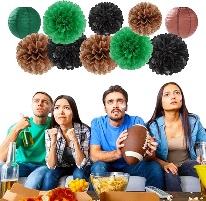 Football Party-Decorations Paper-Flowers - 15pcs Green Brown Black Tissue Pom Poms Lanterns Streamers,Birthday Baby Shower Bachelorette Hanging Supplies Decor Hugfond
