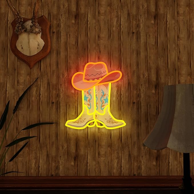 Cowboy Boot Neon Sign for Wall Decor Cowboy Hat Light Up Sign Dimmable Western Neon Sign for Game Room, Bedroom, Man Cave, Bar, Country Party Decor Rodeo Gifts for Birthday, Christmas