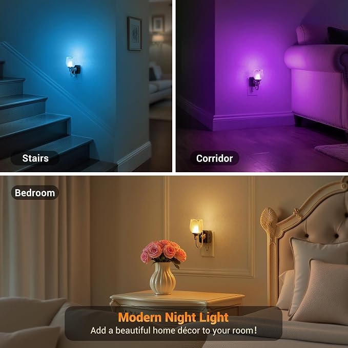 JandCase Night Light, Color Changing Night Lights Plug into Wall RGB | Glass Tulip LED Nightlight, Dimmable Flower Nightlights, Dusk to Dawn Sensor, 180° Rotating Vintage Nite Light for Bathroom