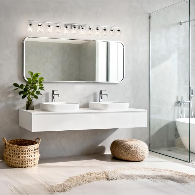 Brushed Nickel Bathroom Vanity Light, 12 Light Brushed Nickel Bathroom Lighting fixtures Over Mirror, Brushed Nickel Bathroom Vanity Lights Wall Lighting for Mirror Bedroom, Living Room