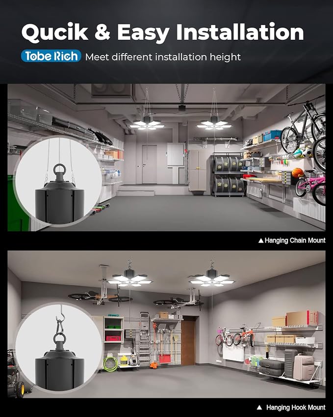 toberich 4 Pack Plug in Garage Light with Pull String 18000LM Shop Lights | 6500K Daylight, Linkable, 9.84FT Power Cable, Work Lights for Garage Workshop Utility Room