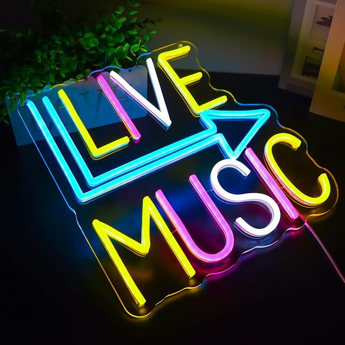Live Music Neon Signs for Wall Decor，Led Neon Lightfor Live Room, Game Room, Broadcasting Room, Music Studio