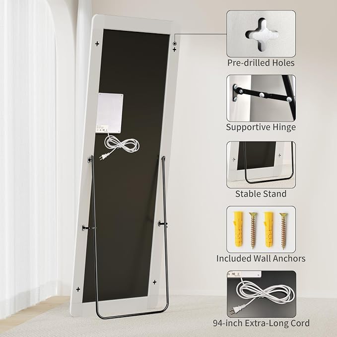 Koonmi LED Full Length Mirror, 56"x20" Full Length Mirror with Lights, Lighted Floor Mirrors with Stand, Full Body Mirrors with Dimming & 3 Color Lightingfor Living Room Cloakroom, White
