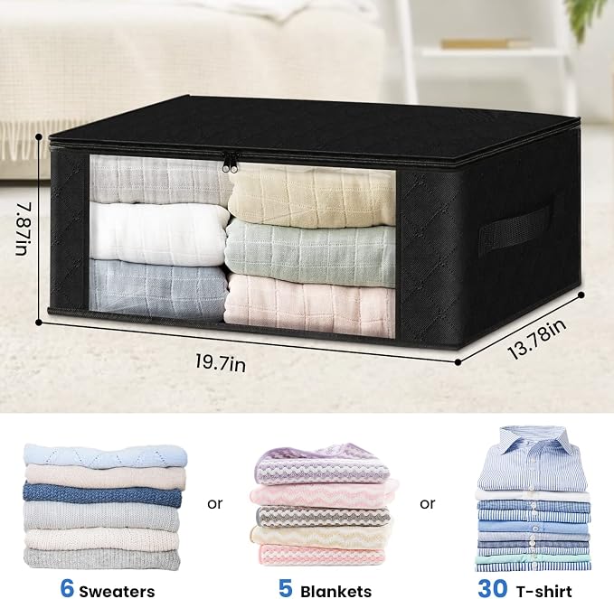 HomeHacks 10-Pack Clothes Organizer Storage Bags, 35L Storage Bins, Black | Foldable Storage Box Container with Zippers, Clear Window, Reinforced Handles for Closet, Dorm, Pillows, Bedding, Sweater
