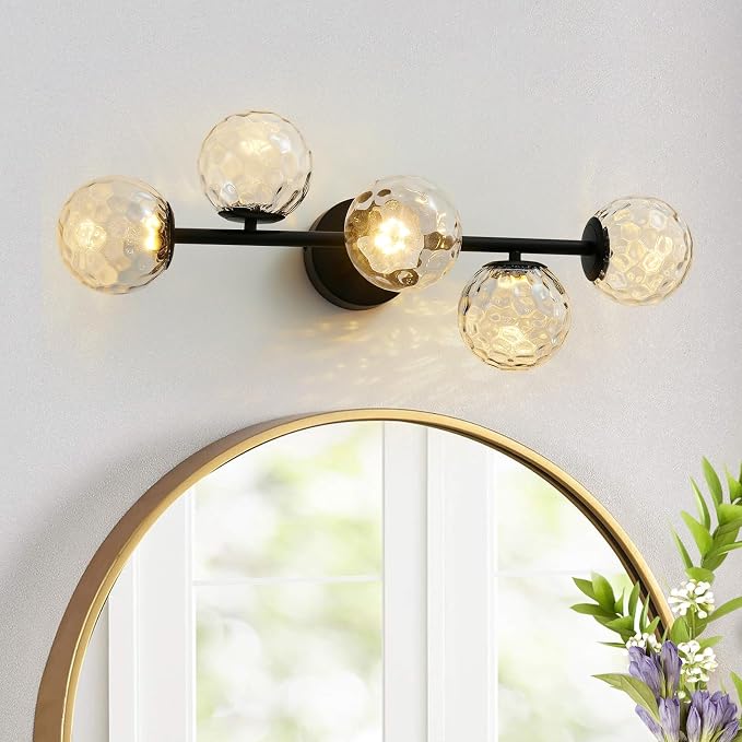 Black 5-Light LED Modern Hammered Glass Globe Bathroom Vanity Light | Hammered Glass, Captivating Water-Inspired Glow, Matte Black Finish, Mid Century Modern Design, Integrated LED Light Source