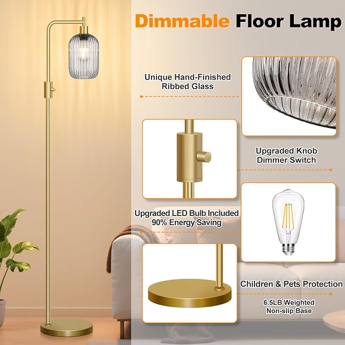【Upgraded】 Dimmable Floor Lamp for Living Room with Gray Ribbed Glass Lampshade, Gold Modern Floor Lamp with 900LM LED Bulb Included, Arc Standing Tall Lamp for Bedroom, Office, Reading Room, Corner