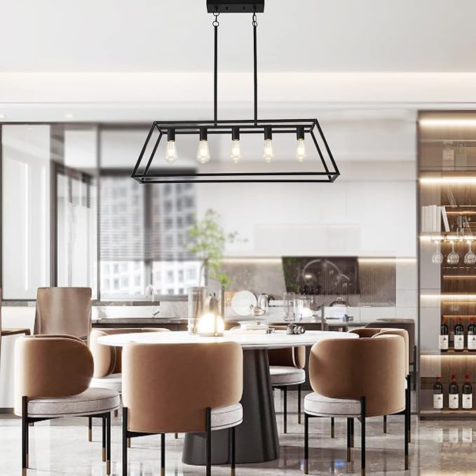 Farmhouse Rectangle Chandeliers for Dining Rooms, Modern Linear Hanging Light Fixture Matte Black 5-Light Industrial Pendant Lighting for Kitchen Island