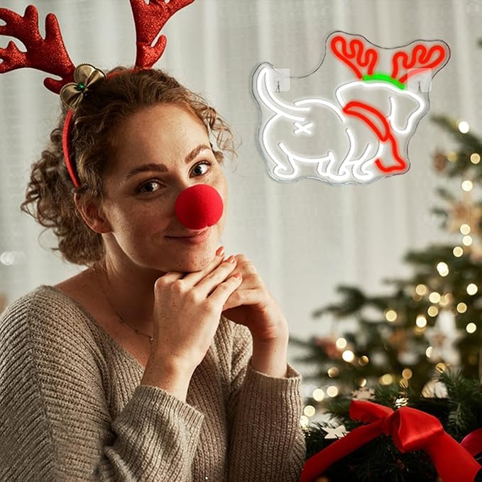 NOSUN Christmas Neon Sign Christmas Dog Elk Horn Neon Sign Dimmable LED Lights for Wall Decor Puppy Dachshund Puppy with Santa Hat Neon Lights Home Kids Bedroom Pet Shop