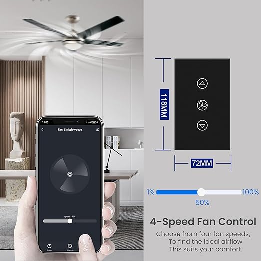 Smart Fan Switch Single Gang 2.4GHz Wi-Fi Touch Switch, Neutral Wire Required,Work with Smart Life/Tuya App and Alexa,Tempered Glass Panel,Black