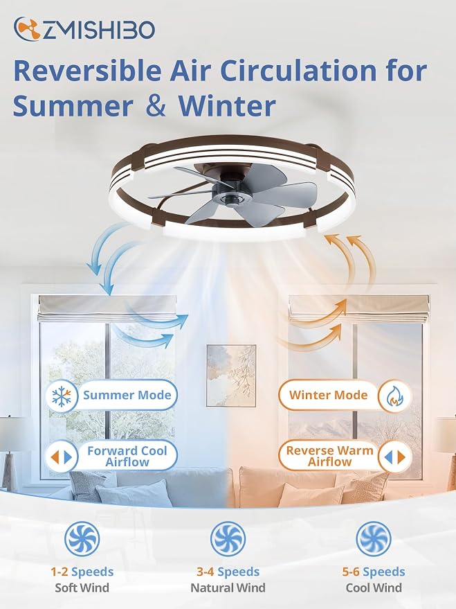 ZMISHIBO Low Profile Ceiling Fans with Lights and Remote, 24" Brown | 3000K-6000K Dimmable Fandelier LED, Flush Mount, 6 Wind Speeds, Reversible, Timer, Bedroom, Living Room, Kitchen, Kids Room