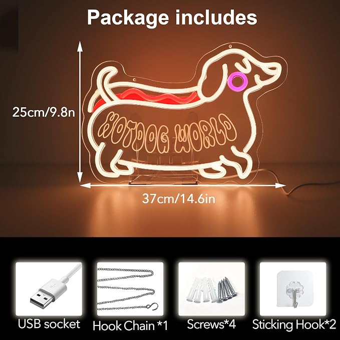 Hot dog World Neon Sign, LED Dog Neon Light | Funny Dachshund Design, Hanging Sign, Kids Room Bedroom Kitchen Cafe Restaurant Wall Decor