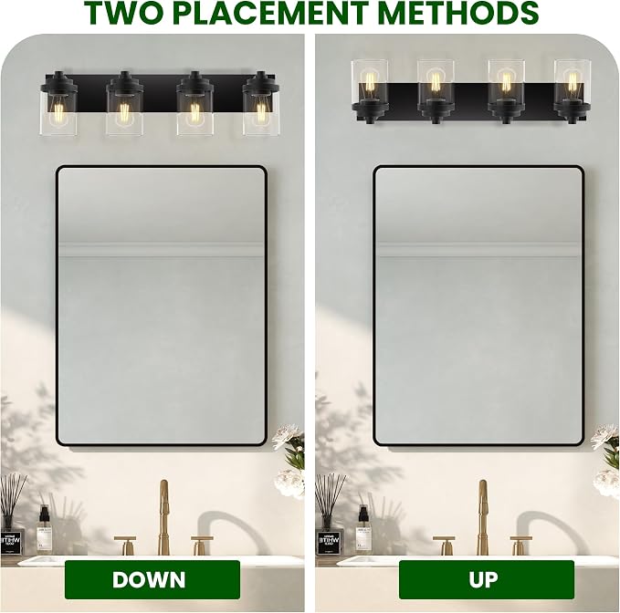 Bathroom Vanity Light Fixture, 4-Light Modern Black Vanity Light Fixtures with Clear Glass Shade, Matte Black Bathroom Light Fixtures Over Mirror, Rustic Restroom Lighting Fixtures