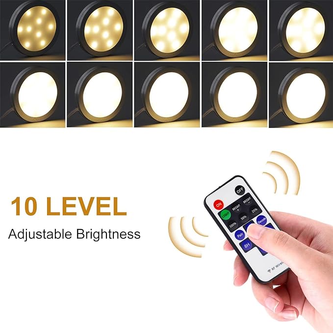 AIBOO Dimmable LED Under Cabinet Lighting, Counter Showcase Kitchen Lighting Fixtures with 12V Plug in adapter and Dimmable Wireless Remote Control, 6 Ultra Slim Puck Lights Kit (Warm White)