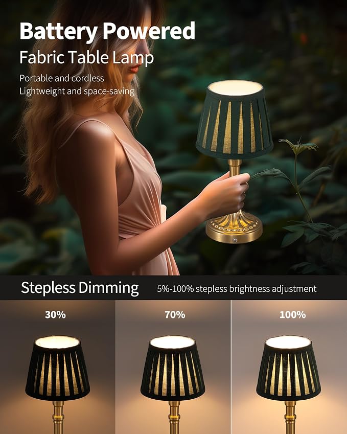 KDG Gold Cordless Table Lamps Set of 2, Green Fabric Shade Small Desk Lamp | Portables 4000mAh Battery Powered, LED Lighting, 2700K Stepless Dimmable, Light for Living Room, Dining Room, Bedroom