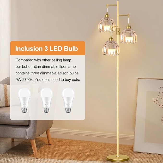 Dimmable Floor Lamps for Living Room-3 Light Gold Floor Lamp with Three Bulbs & Glass Lampshape, Mid Century Modern Standing Lamp Tree Tall Flower Floor Lamp for Bedroom Living Room,Corner