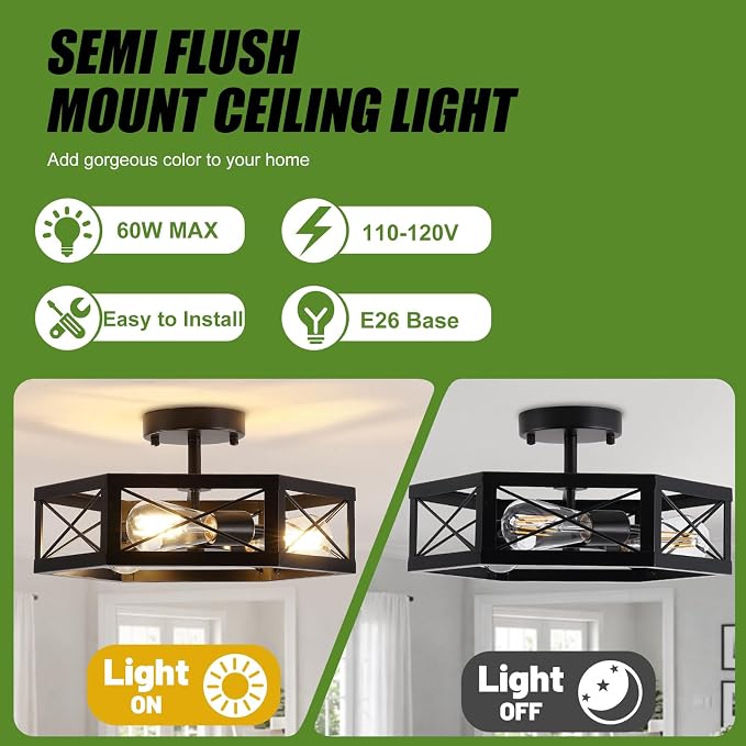 3-Light Semi Flush Mount Ceiling Light, Kitchen Lighting Fixtures Ceiling, Black Dining Room Light Fixtures, Farmhouse Close to Ceiling Lights with Hexagon Cage for Bedroom Hallway Foyer