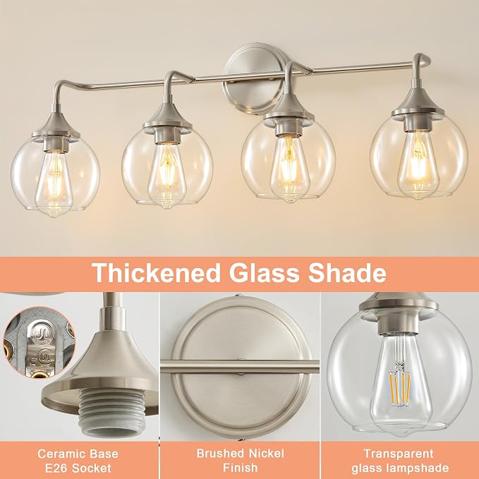 Bathroom Vanity Light 4-Light Brushed Nickel Vanity Lights 31" | Farmhouse Vanity Lighting Fixtures Over Mirror, Thickened Clear Glass Shade, UL E26 Dimmable Vanity Light Fixtures