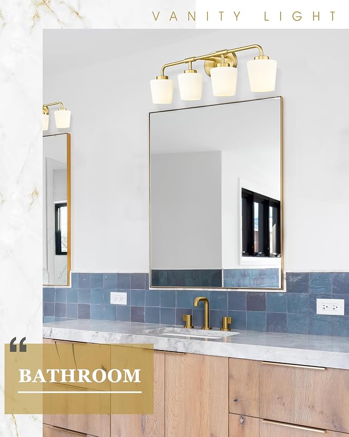 Bathroom Light Fixtures Over Mirror, 4-Light Brushed Gold Vanity Lighting Fixtures with Milk White Glass, Farmhouse Champagne Bronze Wall Sconces Lighting, AD-22004-4W-GD