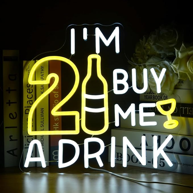 I’M 21 BUY ME A DRINK LED Neon Sign 21st Birthday Party Decor Neon Light | Twenty one Happy Birthday Glowing Lamp for Bar Pub Man cave Bedroom Home Dimmable Cheers LED for Her Him