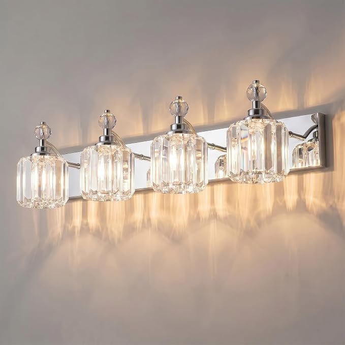 Chrome Light Fixtures, 4 Light Bathroom Vanity Light with 42pcs Crystal Sheet, 30in Modern Vanity Light, Bathroom Lighting Fixtures Over Mirror