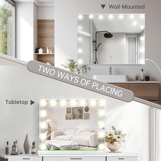 Hollywood Vanity Mirror with Lights, 23" x 18" Lighted Makeup Mirror with 15 Led Bulbs, 3 Color Lights, 10x Magnification, Desk/Wall Mounted, Bedroom College Dorm Room Essentials
