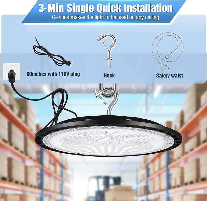 YANYCN 4 Pack 300W UFO Led High Bay Light Fixture,120VAC,5000K Daylight Commercial Shop Bay Lighting,45000LM,[1300W MH/HPS Equiv.] US Plug Area Lighting for Warehouse/Barn/Gym/Factory/Workshop