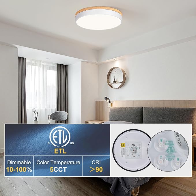 Yiisem Dimmable Wood LED Flush Mount Ceiling Light, White, 15.8 in | 5CCT 2700K-6000K Modern Close to Ceiling Lighting Fixtures, Round Ceiling Lamp for Living Room, Bedroom, Laundry Room