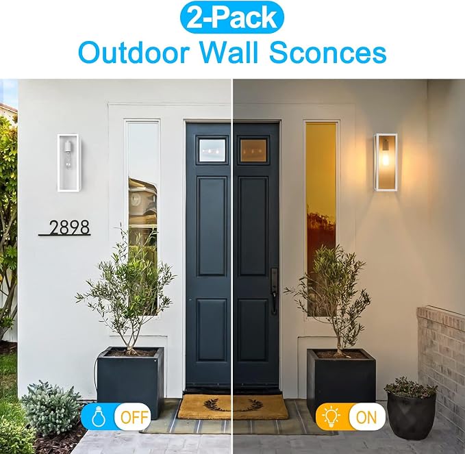 VerRon Outdoor White Wall Light Fixtures, Modern Exterior Wall Lanterns | Anti-Rust E26 Modern Lighting Fixtures Waterproof with Clear Glass Shades for Patio Garage Entryway Front Door, 2-Pack